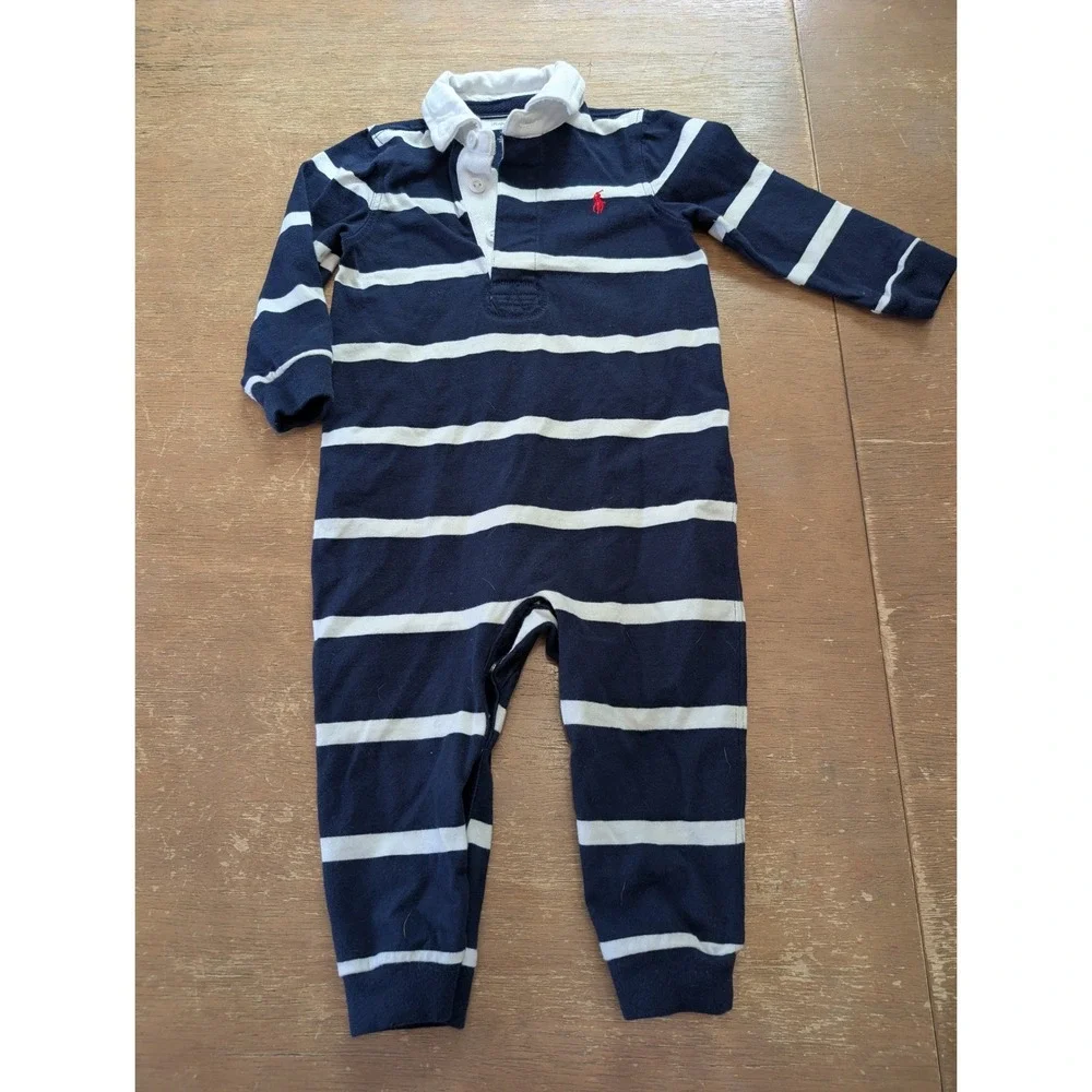 Ralph Lauren Baby Boy Navy White Striped Rugby Romper Coverall 12M Pony Logo